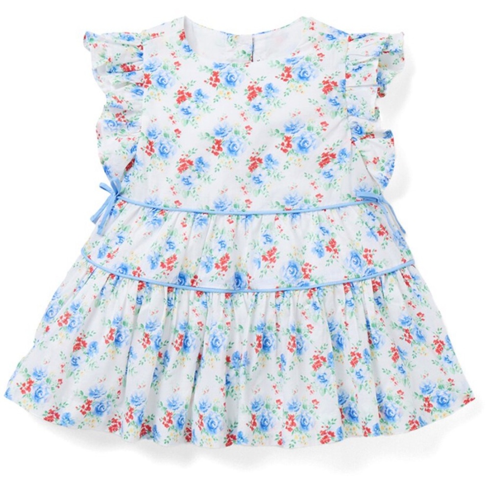 Janie & Jack cotton Floral Bow Dress with flutter sleeves, blue piping &bloomers